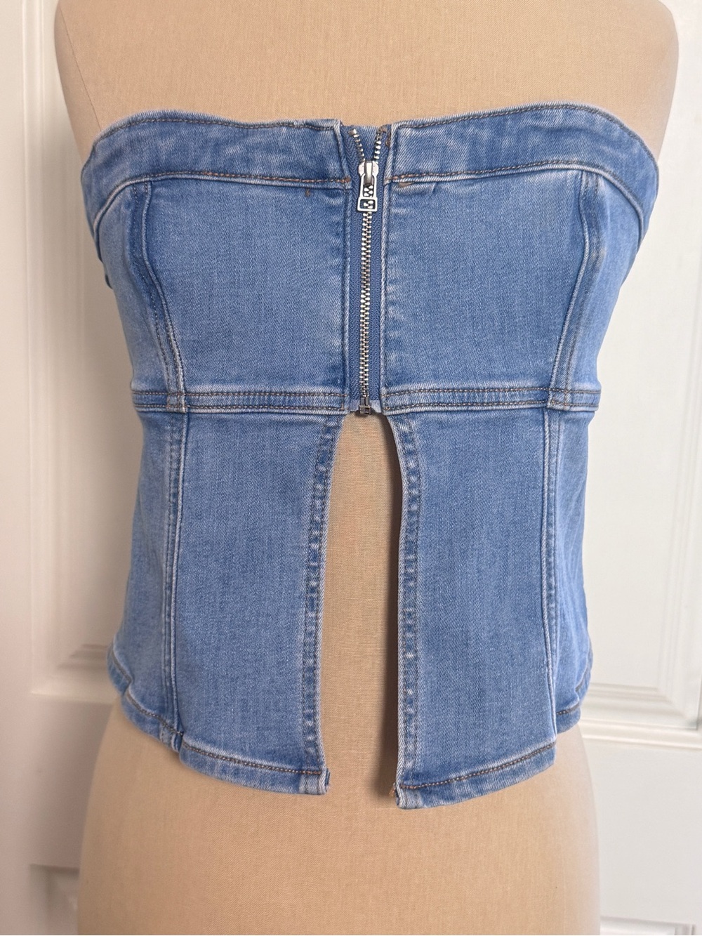 American Eagle Outfitters Denim Strapless Top S / M Zip Front Blue Light Wash